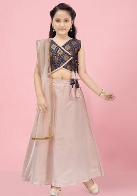 Navy Blue Embroidered Silk Lehenga Choli For Girls