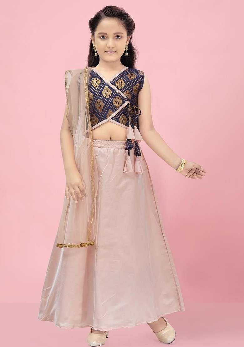 Navy Blue Embroidered Silk Lehenga Choli For Girls - Indya