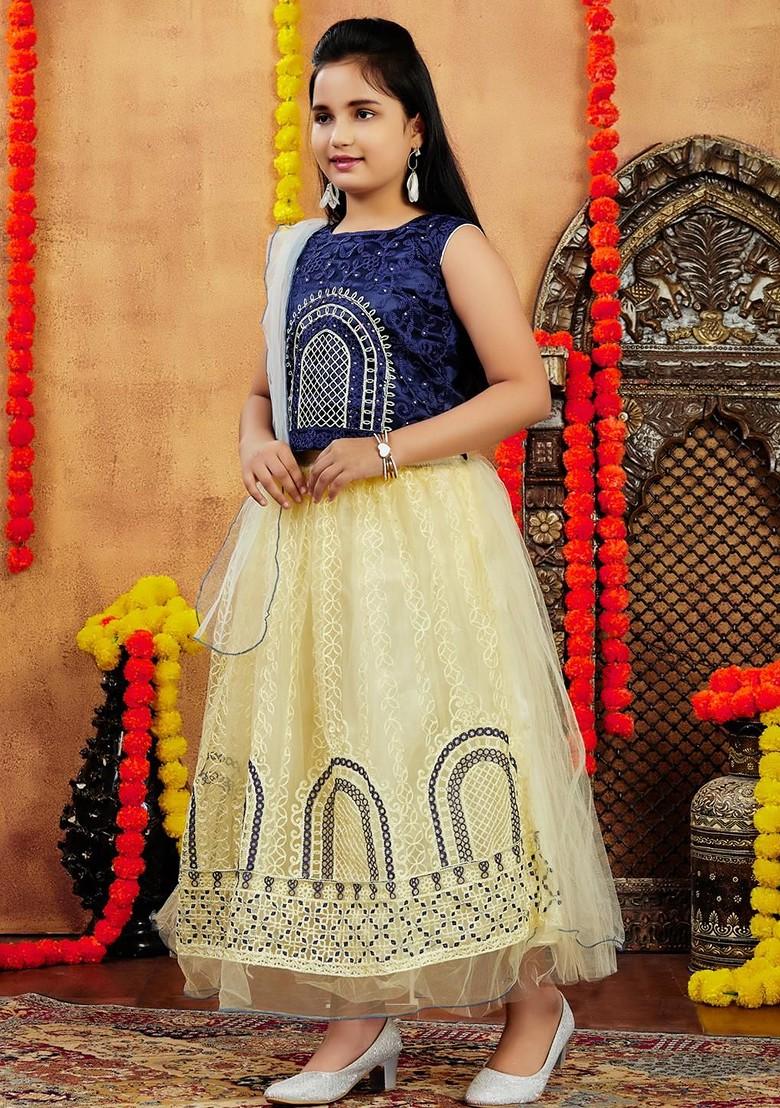 Navy Blue Embroidered Net Lehenga Choli For Girls - Indya