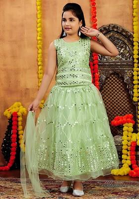 Sea Green Embroidered Net Lehenga Choli For Girls