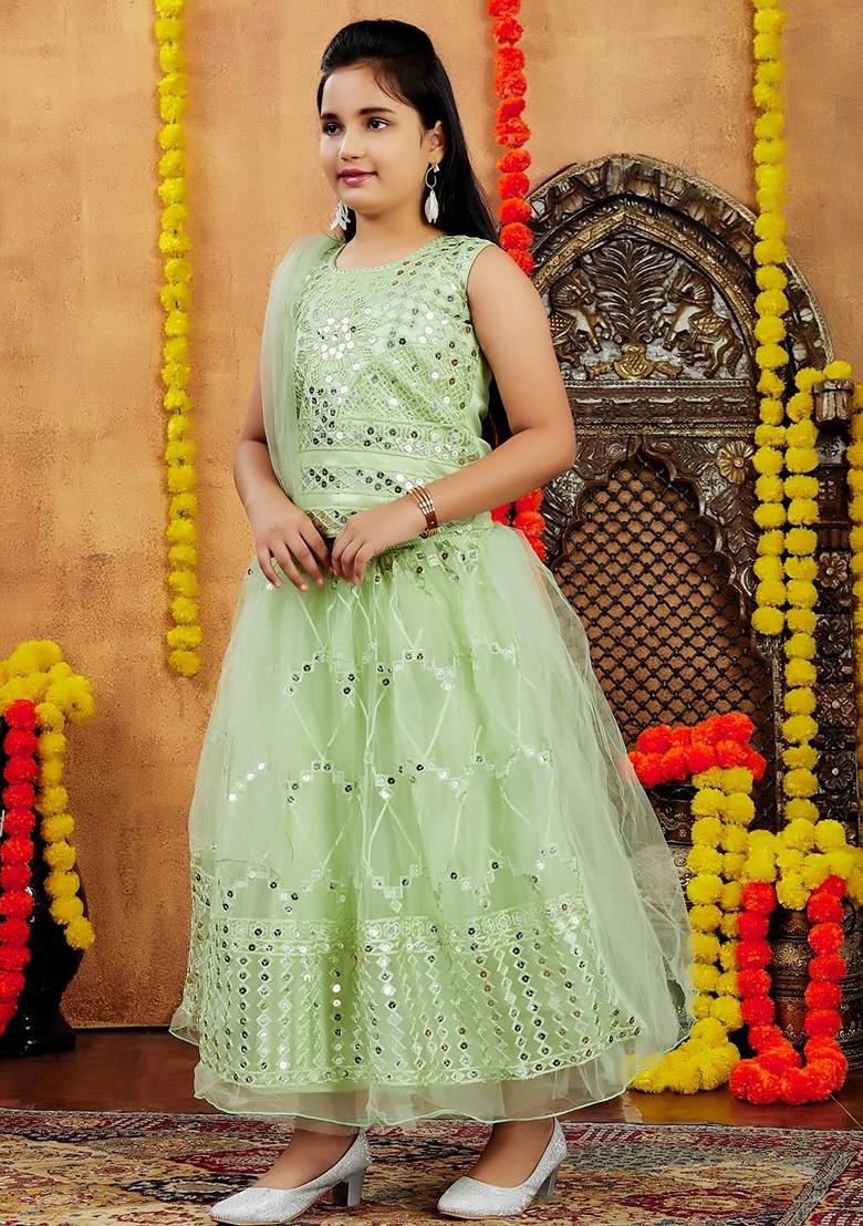 Sea Green Embroidered Net Lehenga Choli For Girls - Indya