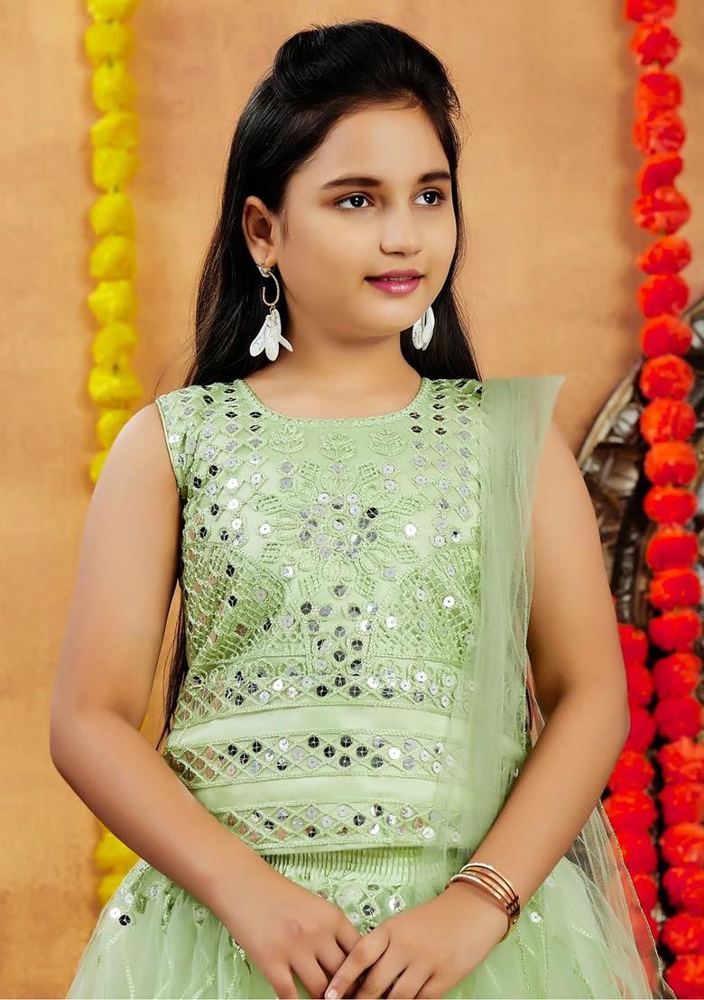 Sea Green Embroidered Net Lehenga Choli For Girls - Indya