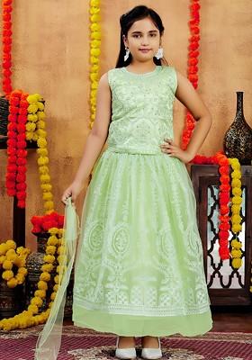 Sea Green Embroidered Net Lehenga Choli For Girls