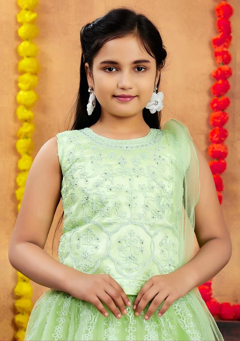 Sea Green Embroidered Net Lehenga Choli For Girls - Indya