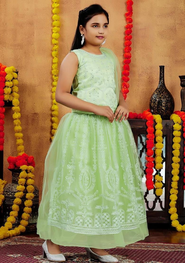 Sea Green Embroidered Net Lehenga Choli For Girls - Indya