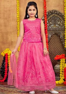 Red Embroidered Net Lehenga Choli For Girls