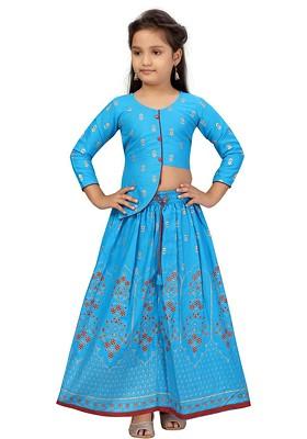 Turquoise Blue Embroidered Cotton Blend Lehenga Choli For Girls