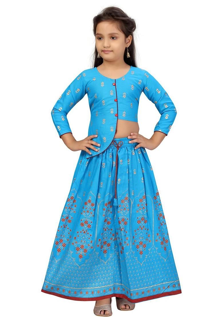 Turquoise Blue Embroidered Cotton Blend Lehenga Choli For Girls - Indya