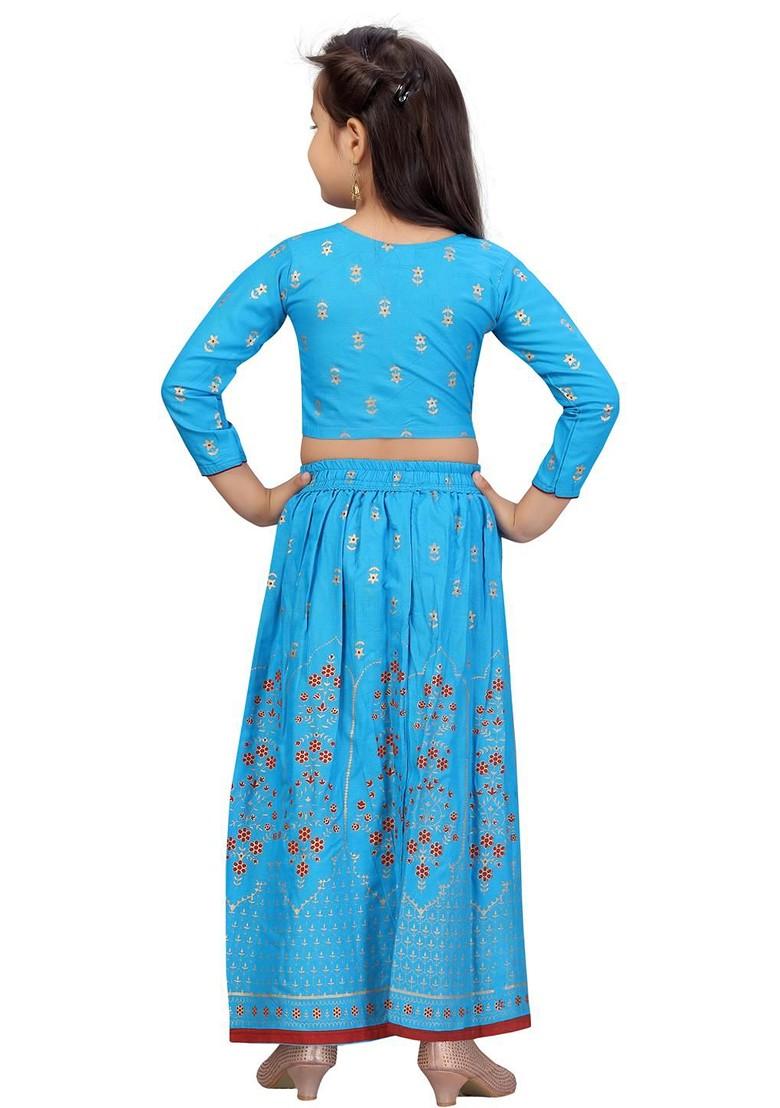 Turquoise Blue Embroidered Cotton Blend Lehenga Choli For Girls - Indya