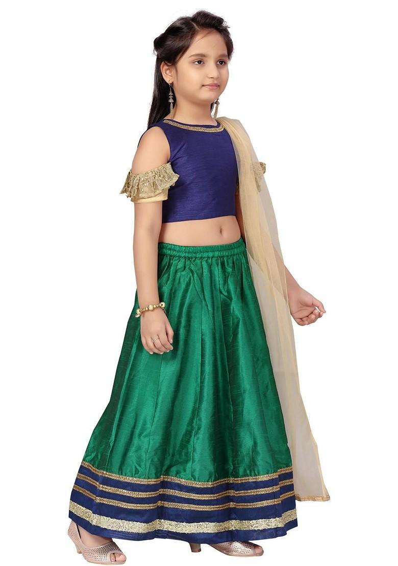 Navy Blue Embroidered Silk Lehenga Choli For Girls - Indya