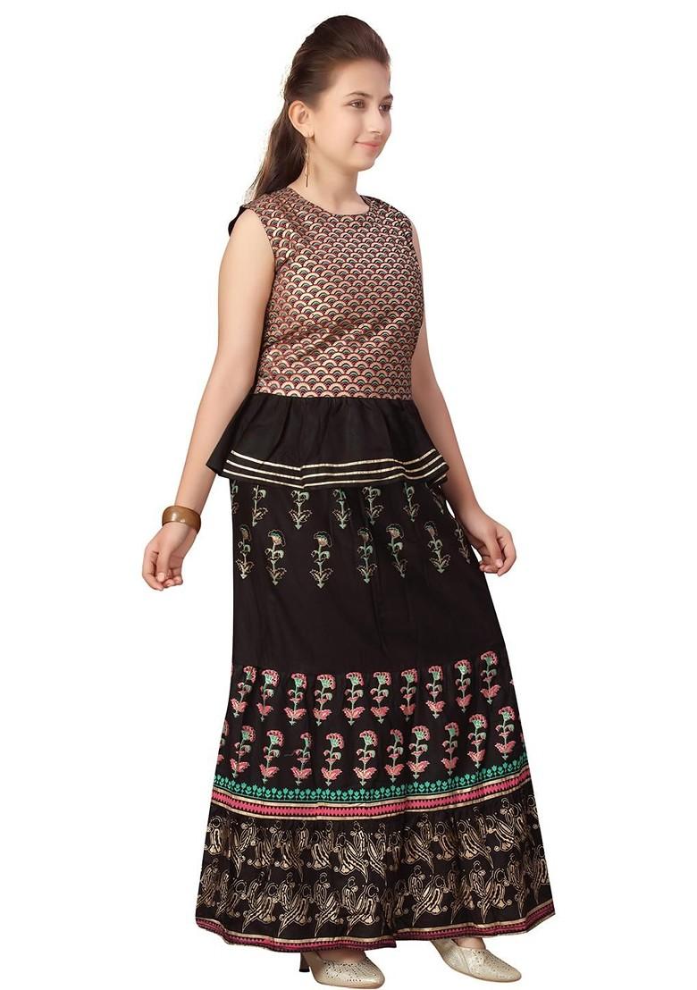 Black Embroidered Cotton Blend Lehenga Choli For Girls - Indya