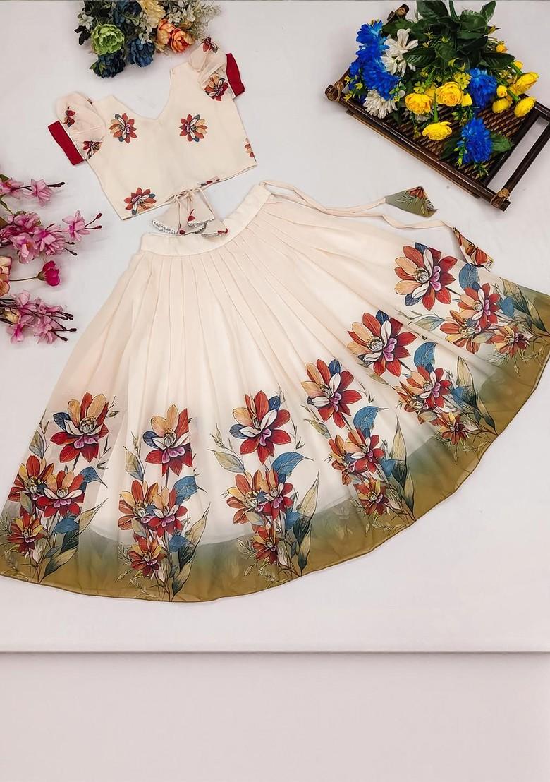 Cream Embroidered Georgette Lehenga Choli For Girls - Indya