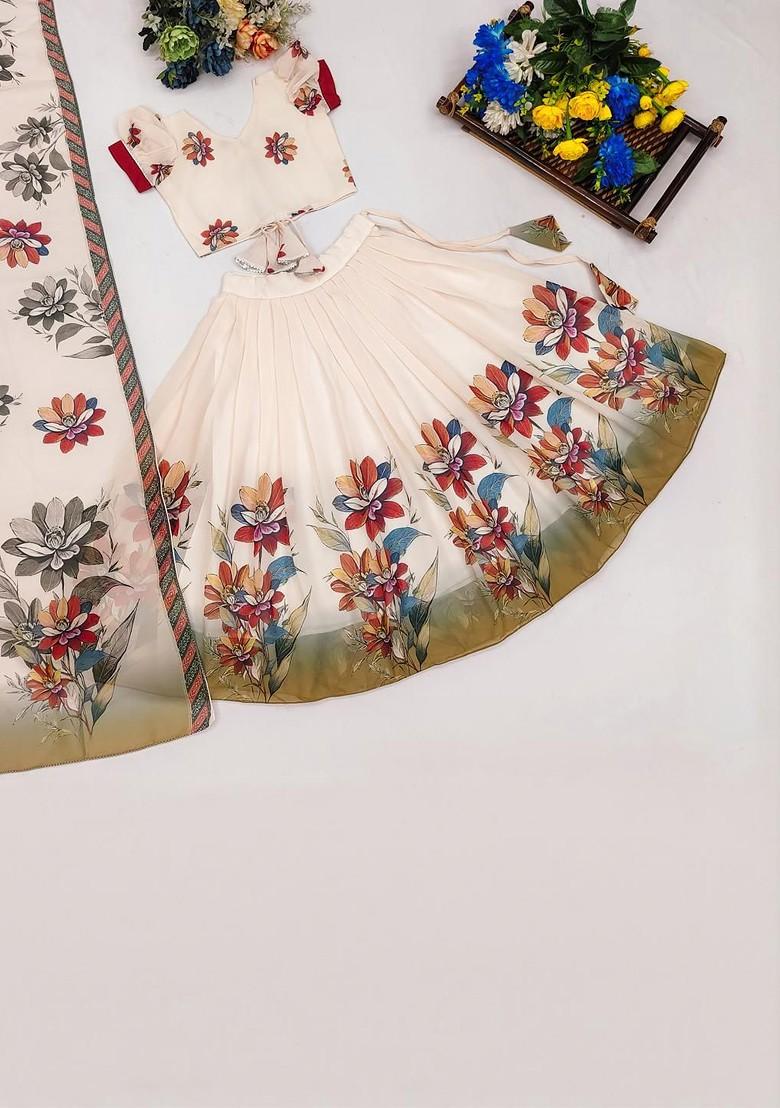 Cream Embroidered Georgette Lehenga Choli For Girls - Indya