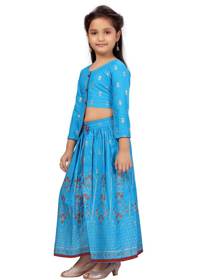 Turquoise Blue Embroidered Cotton Blend Lehenga Choli For Girls - Indya