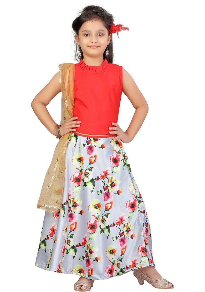 Red Embroidered Silk Lehenga Choli For Girls - Indya