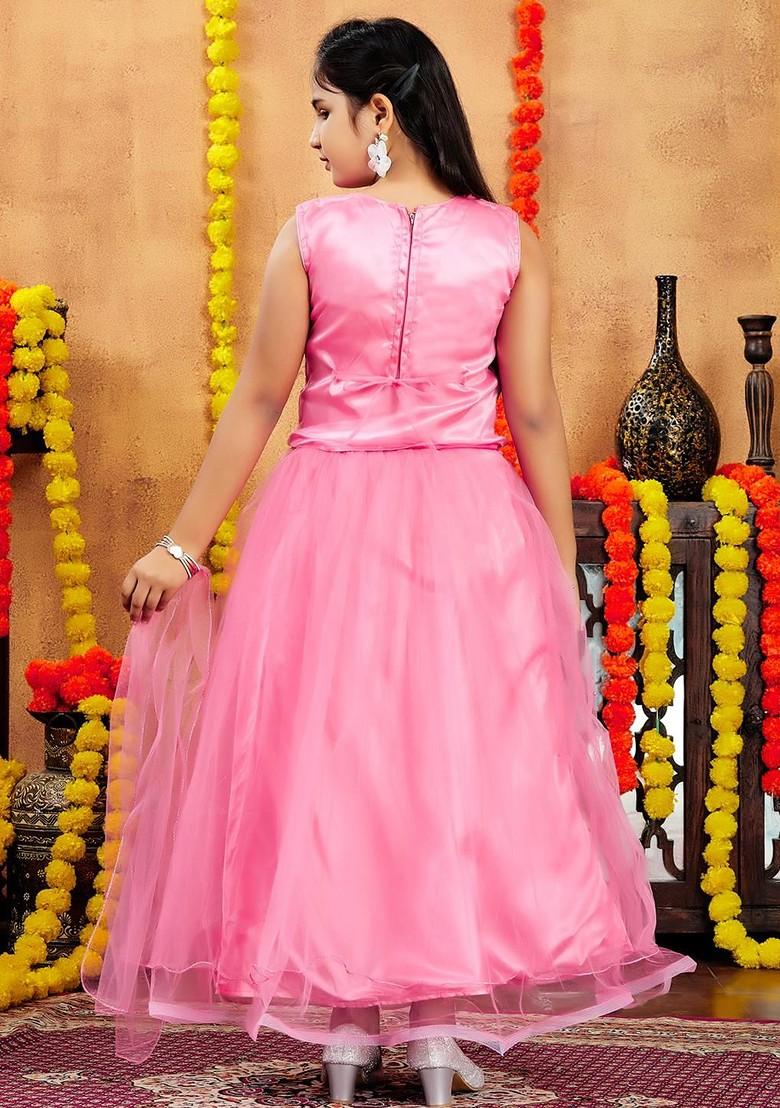 Red Embroidered Net Lehenga Choli For Girls - Indya