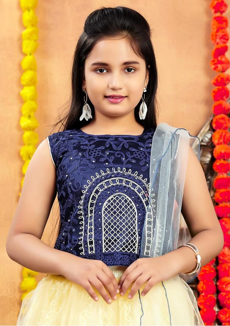 Navy Blue Embroidered Net Lehenga Choli For Girls - Indya
