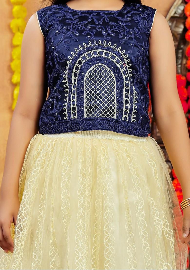 Navy Blue Embroidered Net Lehenga Choli For Girls - Indya