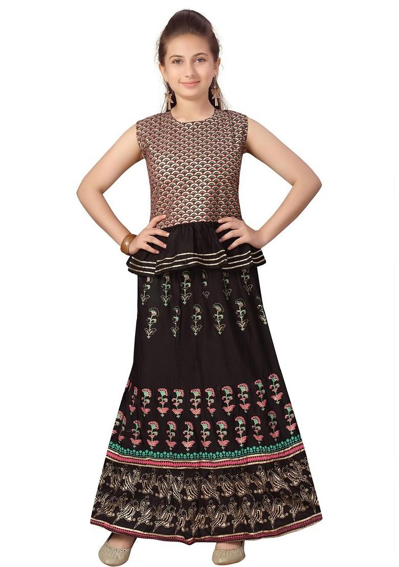 Black Embroidered Cotton Blend Lehenga Choli For Girls - Indya