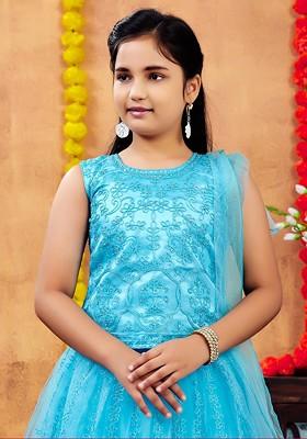 Turquoise Blue Embroidered Net Lehenga Choli For Girls