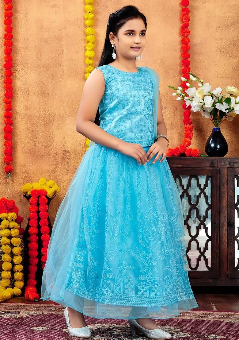 Turquoise Blue Embroidered Net Lehenga Choli For Girls - Indya