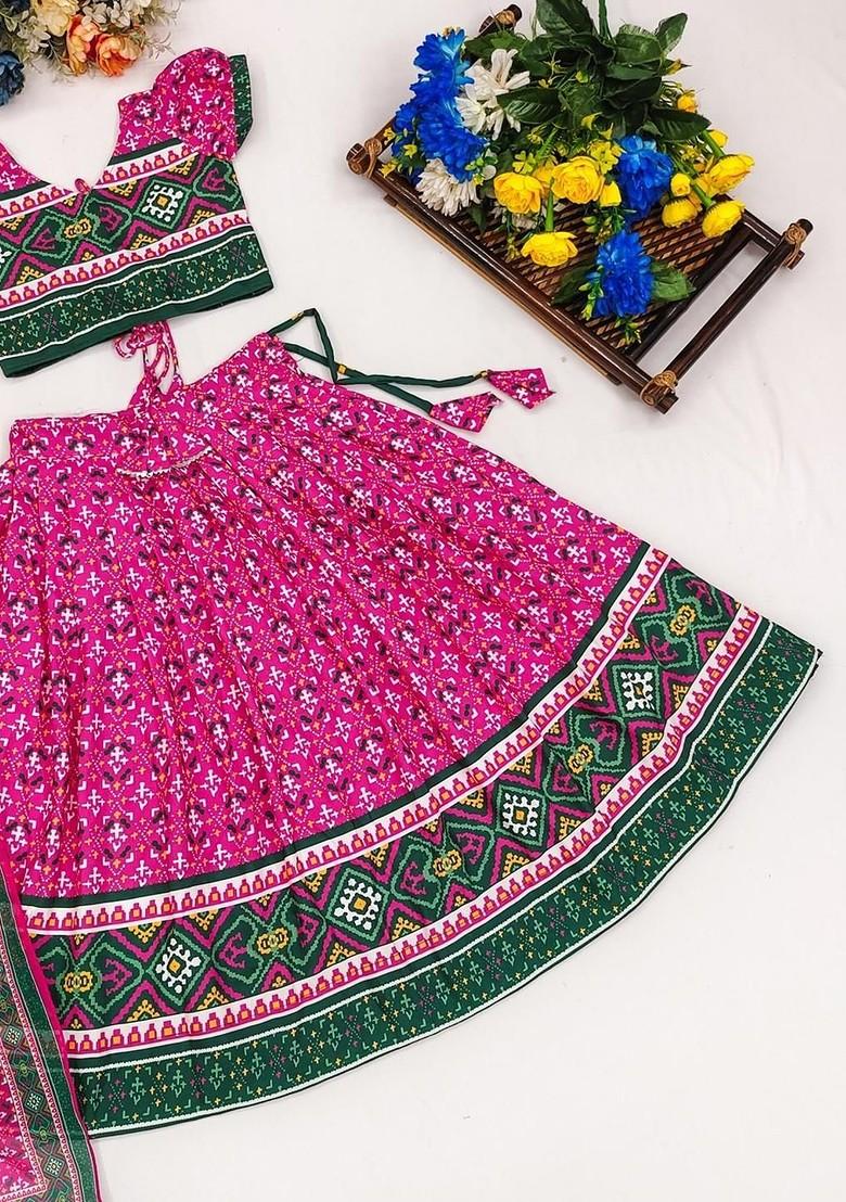 Pink Printed Blended Lehenga Choli For Girls - Indya