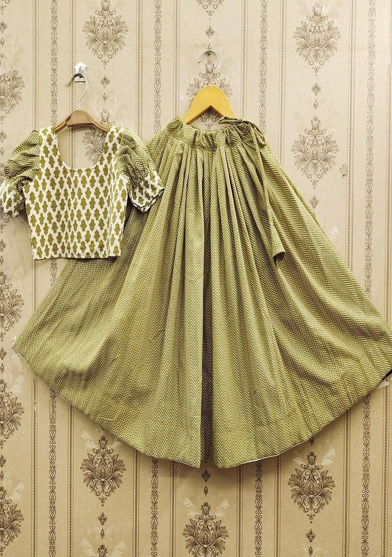 Green Printed Blended Lehenga Choli For Girls - Indya