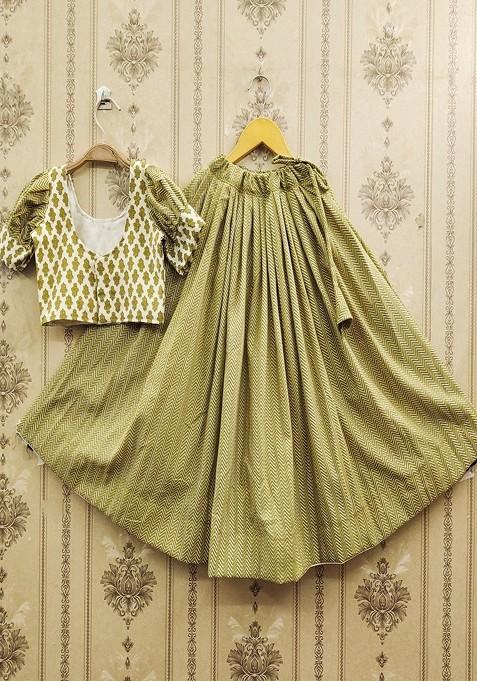 Green Printed Blended Lehenga Choli For Girls — view on Indya