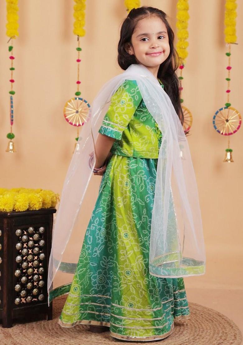Green Printed Blended Lehenga Choli For Girls - Indya
