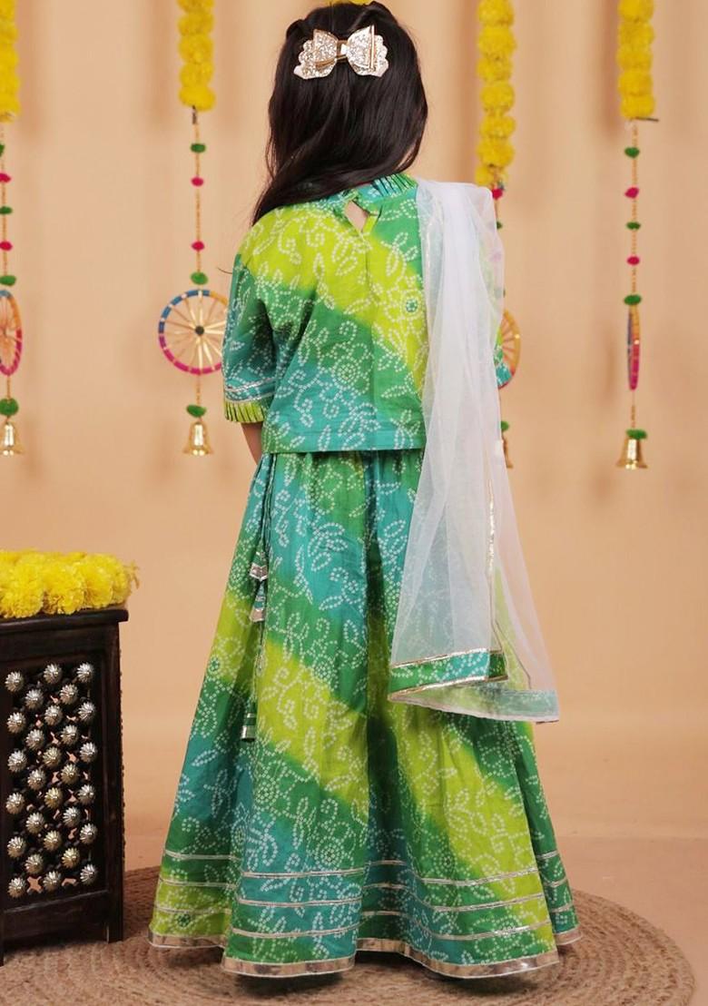Green Printed Blended Lehenga Choli For Girls - Indya