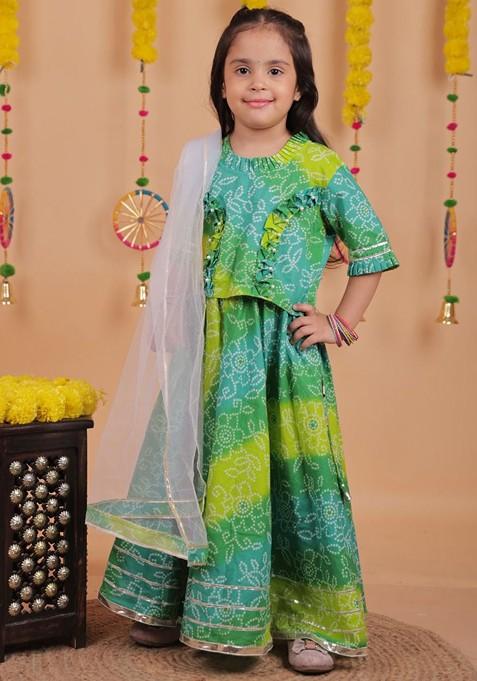 Green Printed Blended Lehenga Choli For Girls — view on Indya