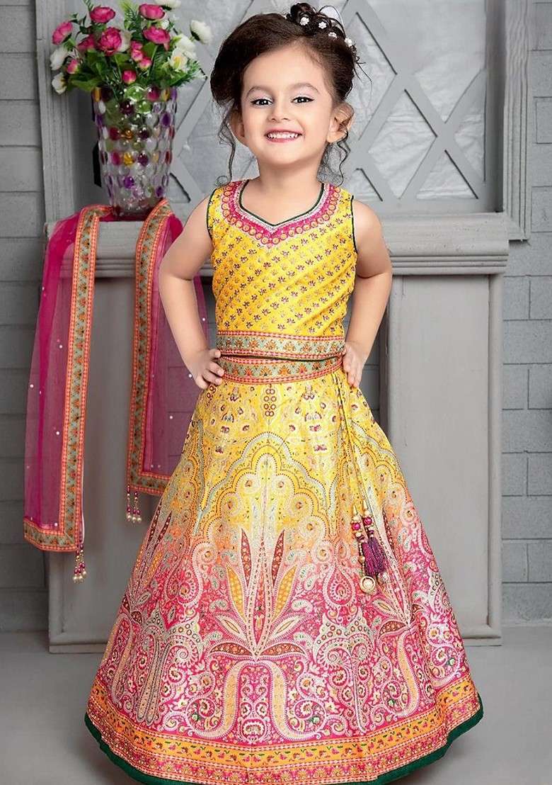 Yellow Embellished Silk Lehenga Choli For Girls - Indya