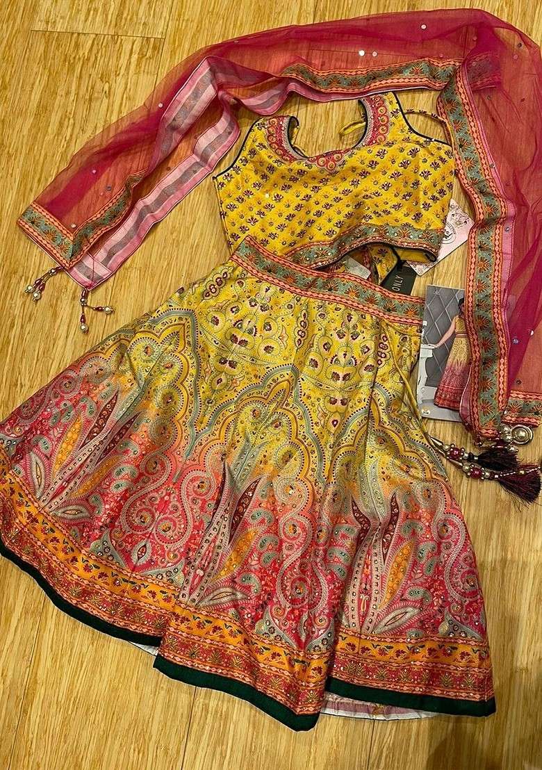 Yellow Embellished Silk Lehenga Choli For Girls - Indya