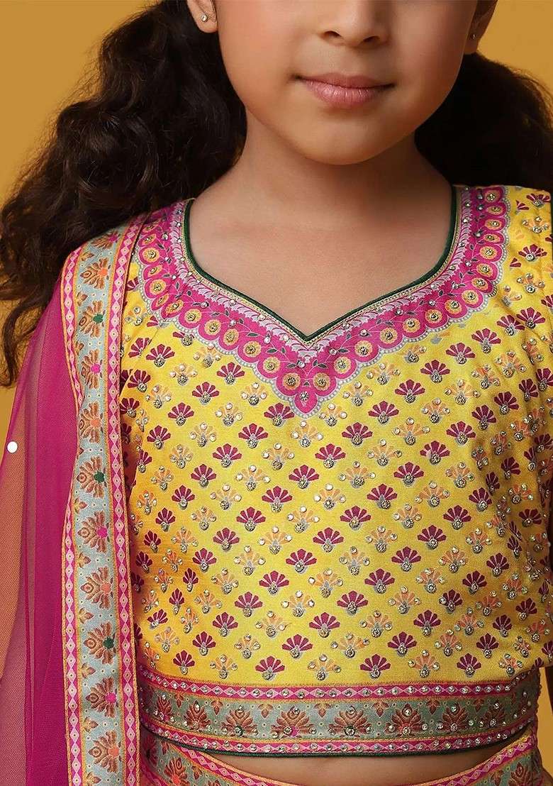 Yellow Embellished Silk Lehenga Choli For Girls - Indya