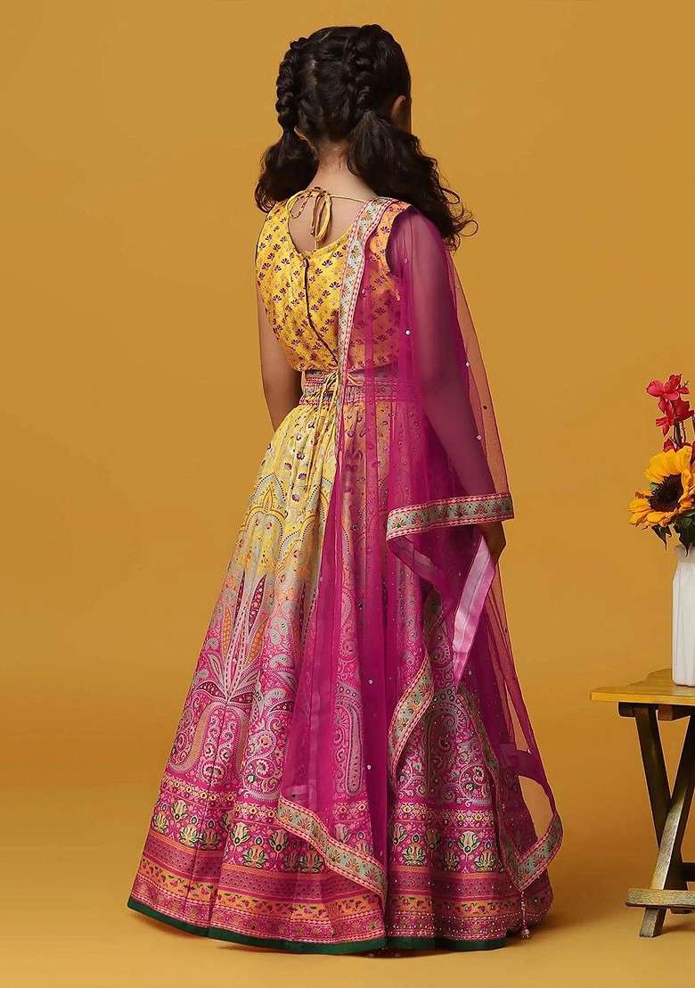 Yellow Embellished Silk Lehenga Choli For Girls - Indya