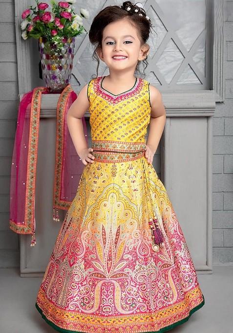 Yellow Printed Blended Lehenga Choli For Girls — view on Indya