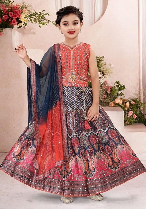 Red Printed Blended Lehenga Choli For Girls — view on Indya