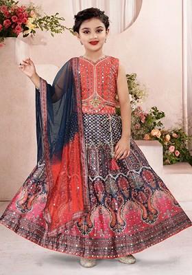 Navy Blue Printed Blended Lehenga Choli For Girls