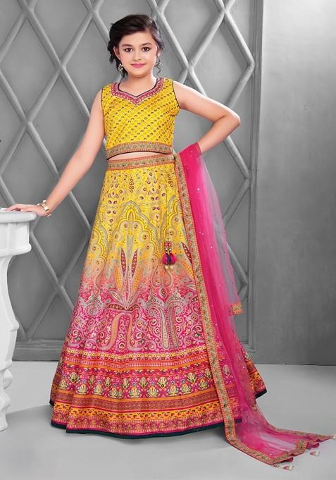 Yellow Printed Blended Lehenga Choli For Girls — view on Indya