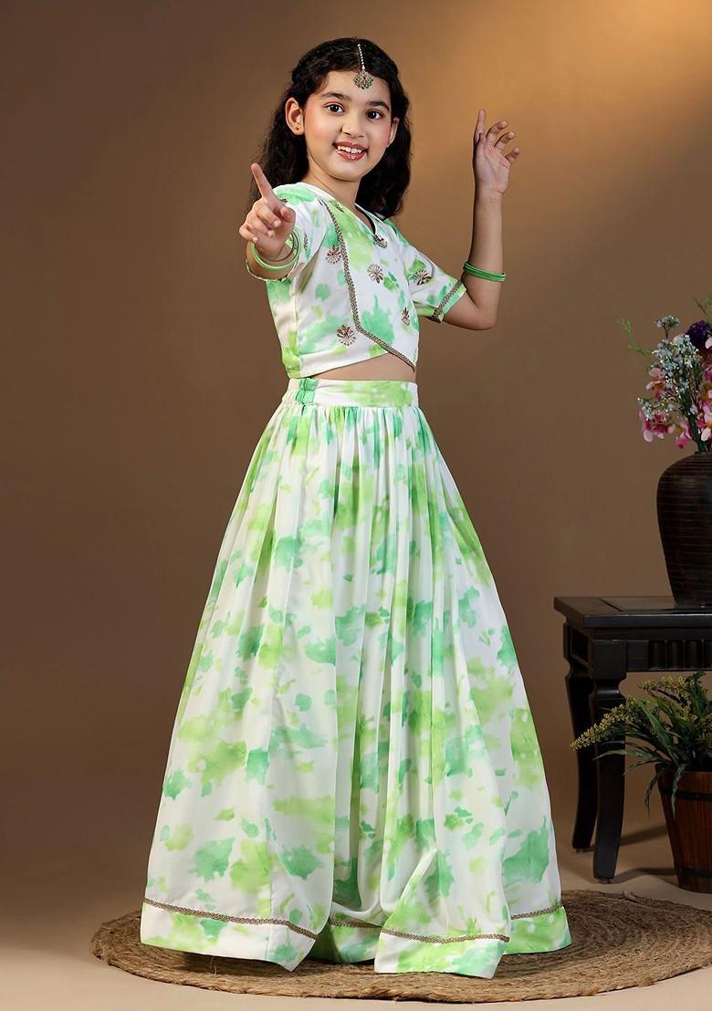 Green Printed Silk Lehenga Choli For Girls - Indya
