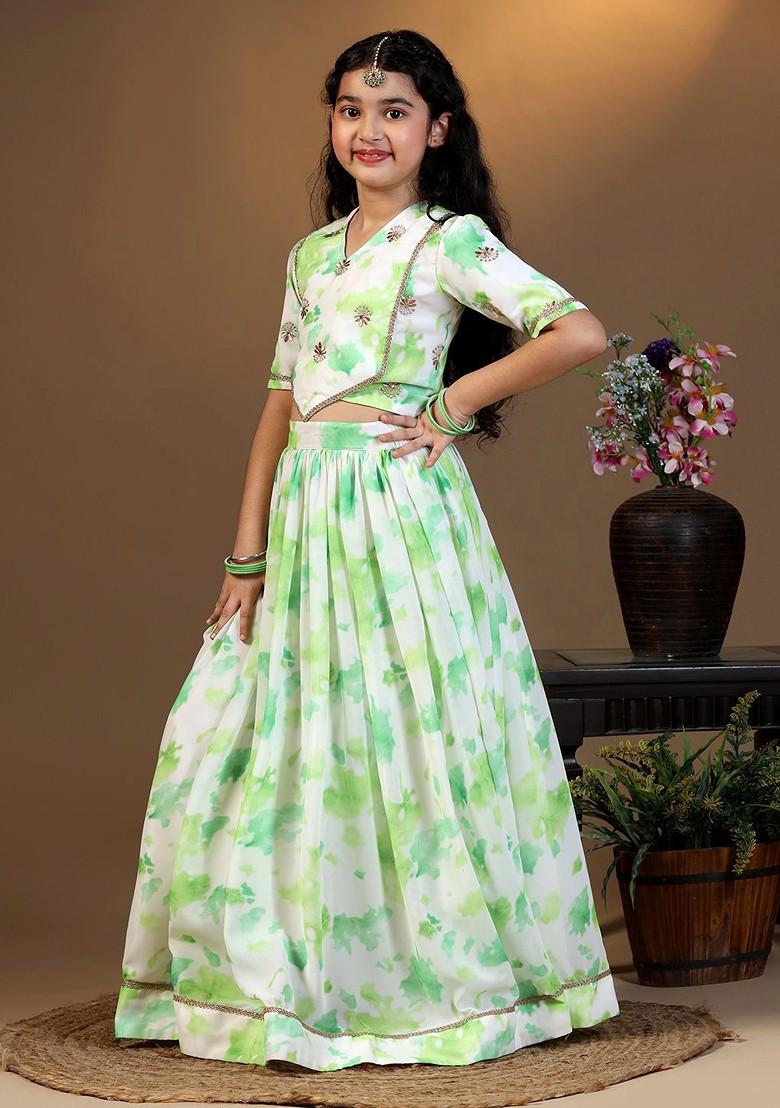 Green Printed Silk Lehenga Choli For Girls - Indya