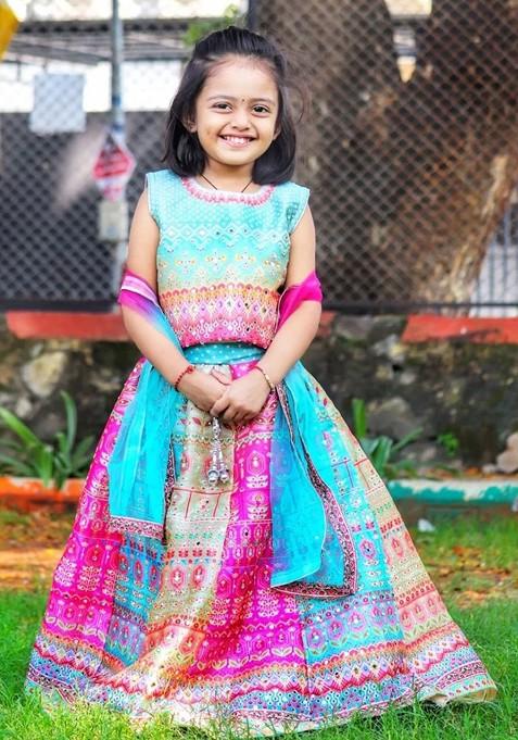 Blue Printed Blended Lehenga Choli For Girls — view on Indya