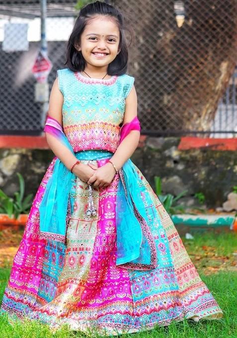 Blue Printed Blended Lehenga Choli For Girls — view on Indya