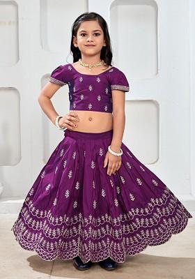Purple Embroidered Blended Lehenga Choli For Girls