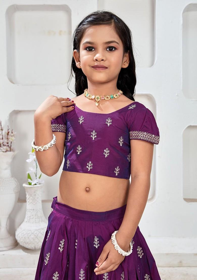 Purple Embroidered Blended Lehenga Choli For Girls - Indya