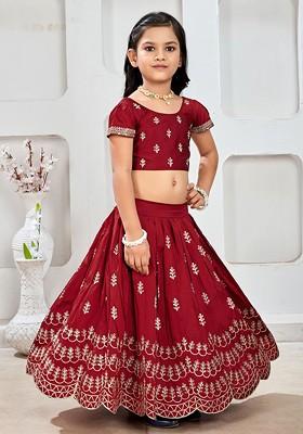 Maroon Embroidered Blended Lehenga Choli For Girls