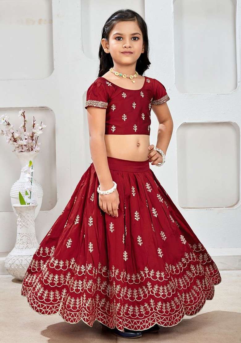 Maroon Embroidered Blended Lehenga Choli For Girls - Indya