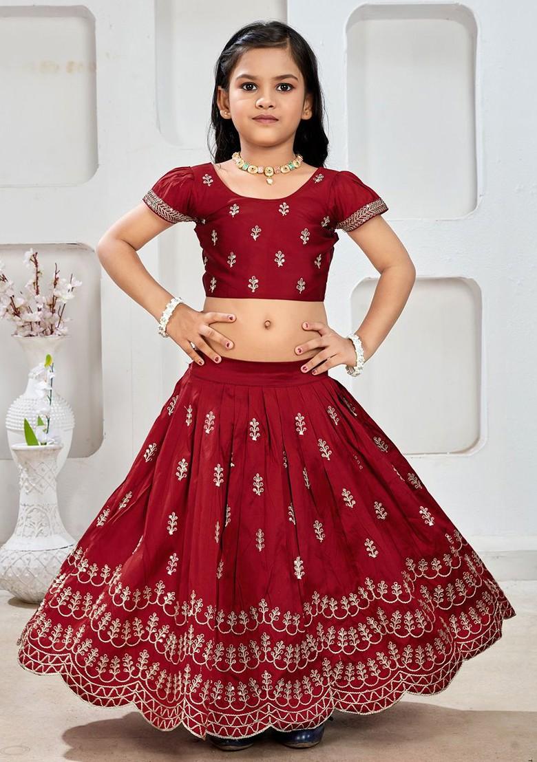 Maroon Embroidered Blended Lehenga Choli For Girls - Indya