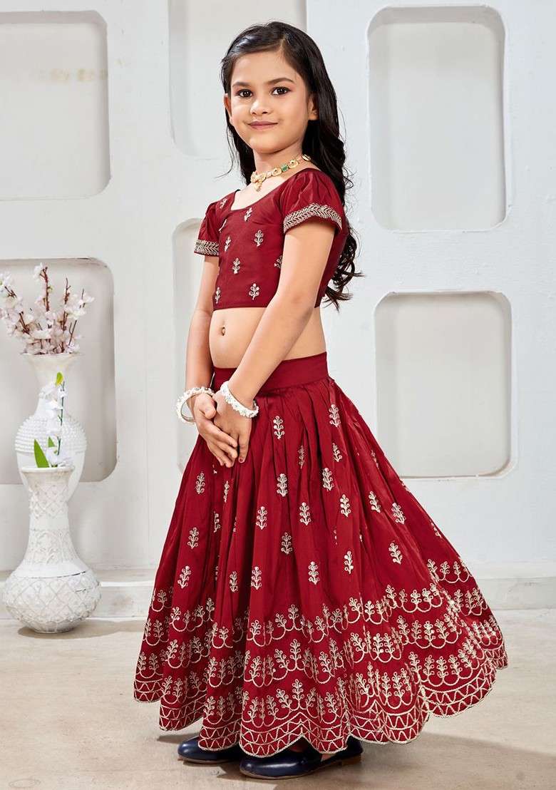 Maroon Embroidered Blended Lehenga Choli For Girls - Indya
