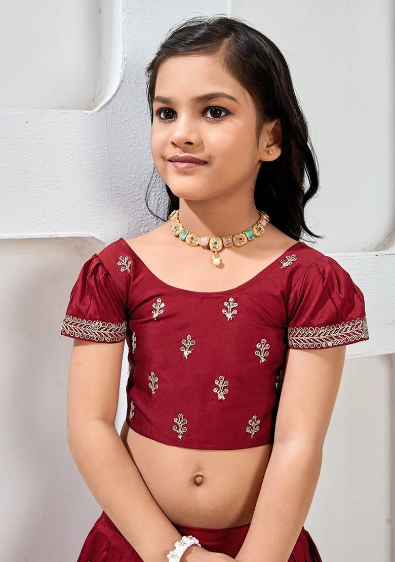 Maroon Embroidered Blended Lehenga Choli For Girls - Indya